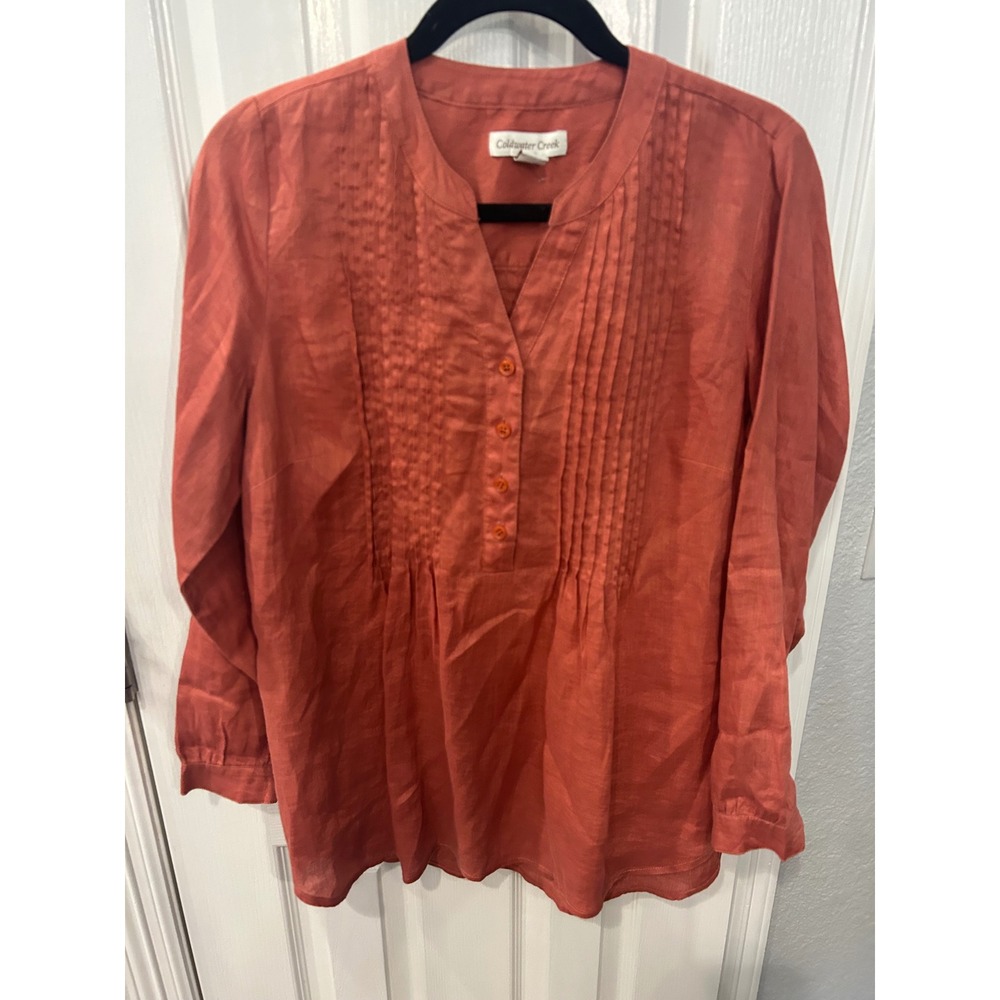Coldwater Creek Blouse Orange‎ 100% Linen Pintuck Button V-Neck Tunic Top S